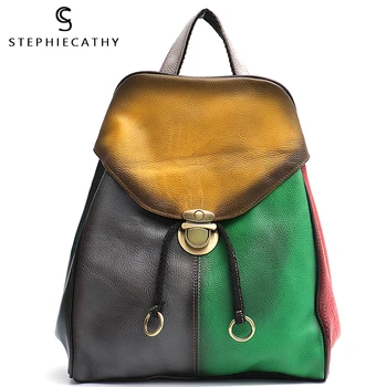 

SC Women Retro Design Genuine Leather Backpack Girls Random Color Leather Patchwork Shoulder Bag Flap School Bag Female knapsack