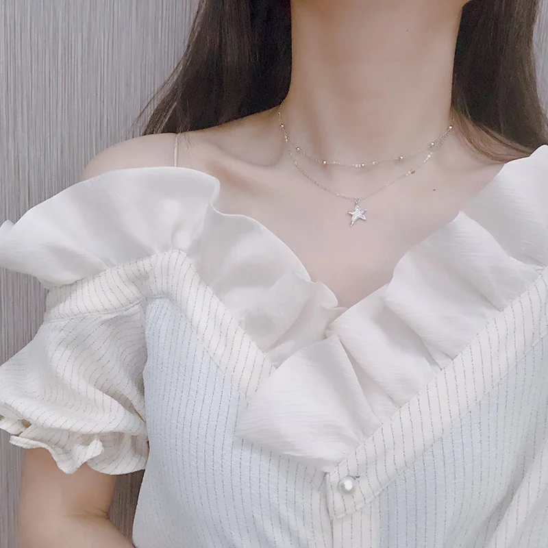 

Quintana S925 Fine Silver Double Layer Star Necklace Necklace Women's Five-pointed Star Simple Japanese Korean Short Students Cl