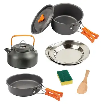 

7Pcs Portable Ultra-light Aluminum Alloy 2-3 People Use Cookware Outdoor Camping Picnic Pot Dish Plates Shovel Cookware Set