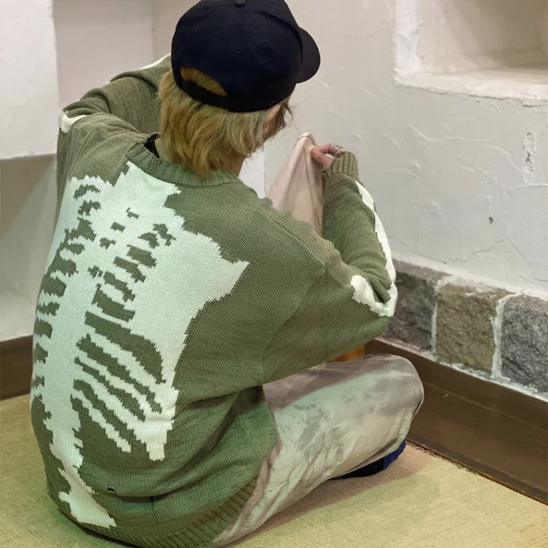 Men Oversized Sweater Green Loose Skeleton Bone Printing Woman High Quality High Street Damage Hole Vintage 1:1 Knitted Sweater
