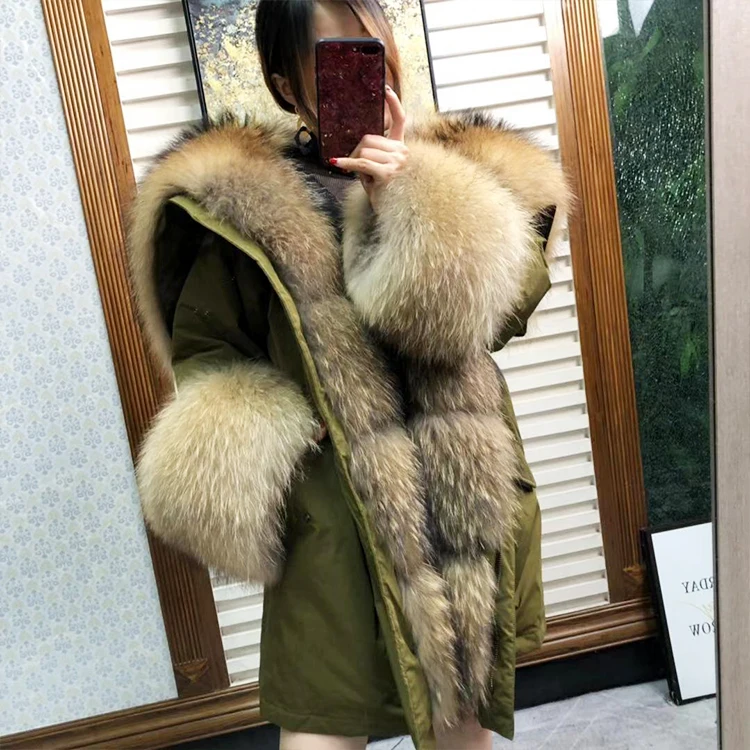 MaoMaoKong2019 длинный WnterJacket женская верхняя одежда толстые парки енот природный натуральный мех воротник пальто с капюшоном натуральный теплый лисий мех