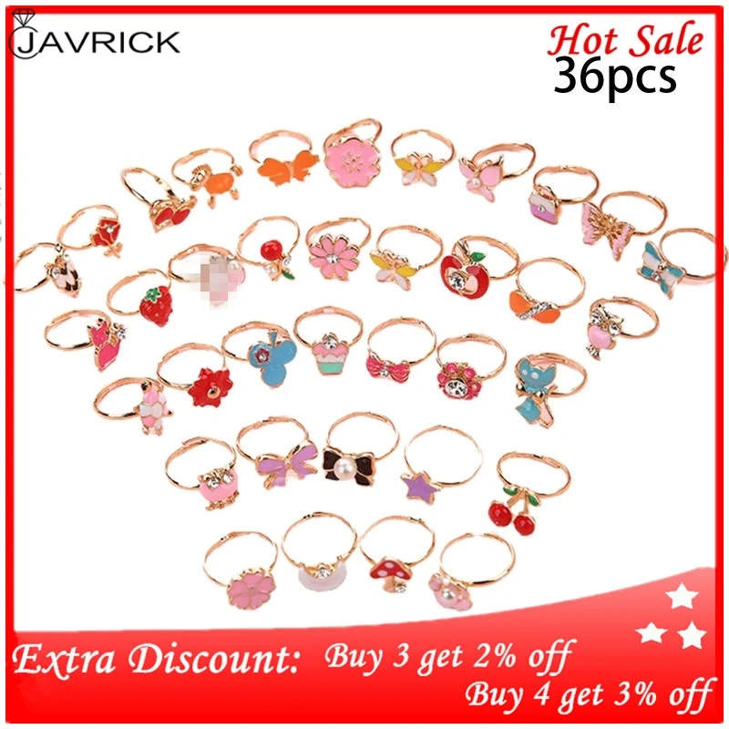 36 Pcs Ring Set Cartoon Children Flower Animal Adjustable Alloy Kids Rings