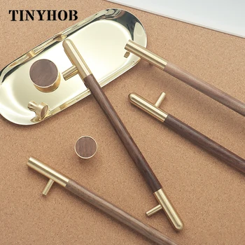 

Length 8.81''-20.47'' Walnut+Brass Handle and Knob Kitchen Long Cabinet Handles Drawer Pull Natural Wood Handles for Furniture