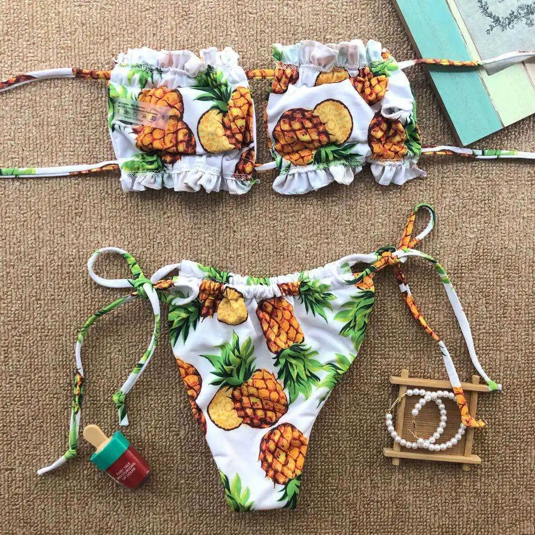 2020 Pineapple Print Strapless Bikini Female Swimsuit Women Swimwear Two-pieces Bikini set Bandeau Bather Bathing Suit V2412