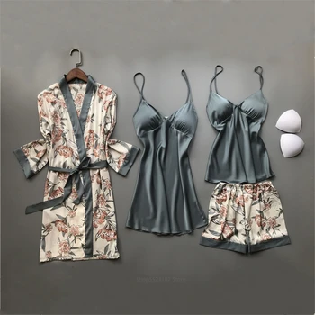 

4Pcs Pajamas for Women Adult Sleepwear Print Silk Thin Robe Nightgown Clothing Sets Lounge Pyjama with Chest Pads Home Wear