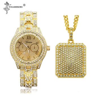 

Mens Luxury Full Of Shiny Stones Hip Hop Iced Out Watch & Iced Square Dog Tag Necklace Men Jewelry Combo Set Relogio Masculino