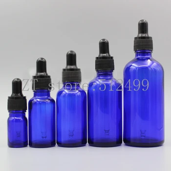 

2/10pcs 5ml 10ml 15ml 20ml 30ml 50ml 100ml Empty Blue Glass Essential Oil Dropper Bottle with Black Cover Refillable Container