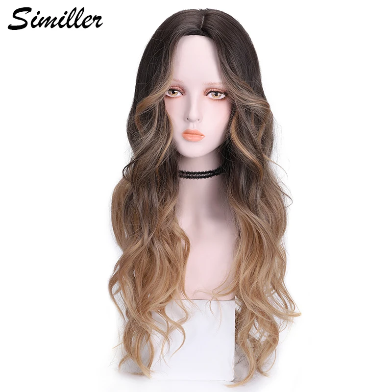 

Similler Women Synthetic Wigs Long Wavy Heat Resistance Fiber Black T Gold Ombre Wig for Daily Use Central Part