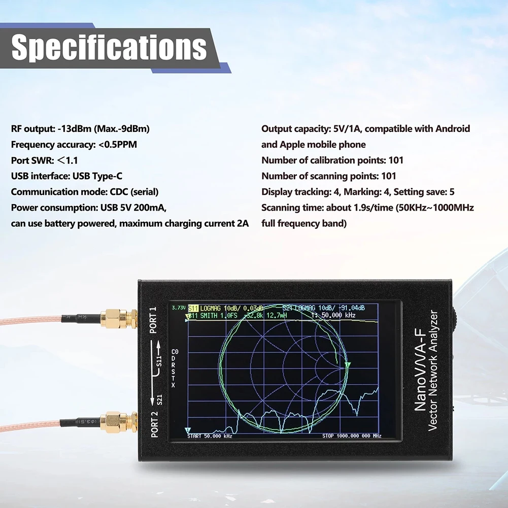 

NanoVNA-F Handheld Vector Network Analyzer SWR Meter 50KHz-1000MHz 4.3 Inch IPS MF HF VHF Antenna Analyzer