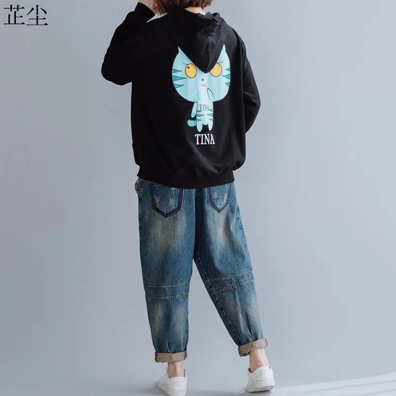 Kawaii мультфильм печати кошка толстовки женские винтажные хлопковые пуловеры Топ Harajuku плюс размер женские свободные толстовки с капюшоном 5XL