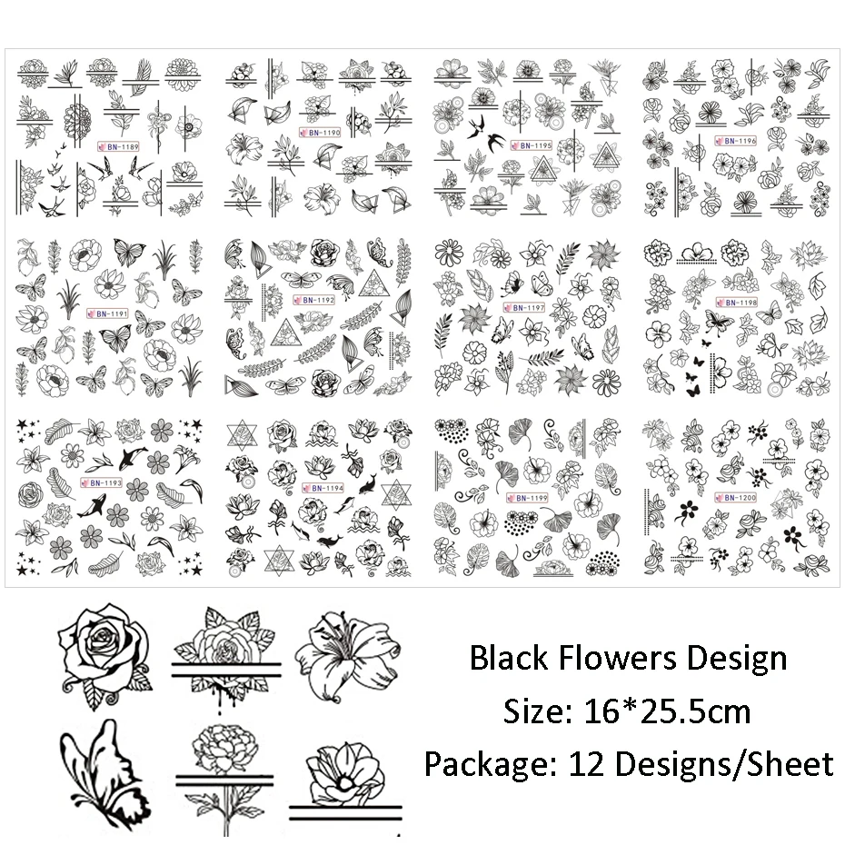 12 шт микс черный цветок наклейки для ногтей Полые цветочные бабочки Переводные Слайдеры для маникюра украшения SABN1189-1200-1