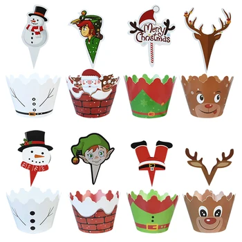 

12pcs+12pcs Cake Toppers Cupcake Wrapper Paper Cake Wrapping Supplies Merry Christmas Snowman Santa Claus Cake Topper Xmas Decor