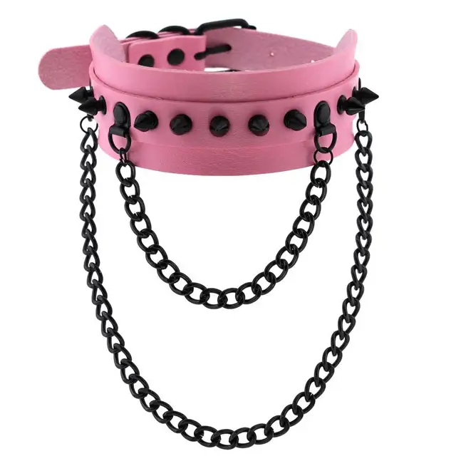 Gothic  Spike Choker Chain Collar Gothic Fashion Rivet black Leather Chokers Harajuku Grunge Goth necklace girls witch cosplay pink