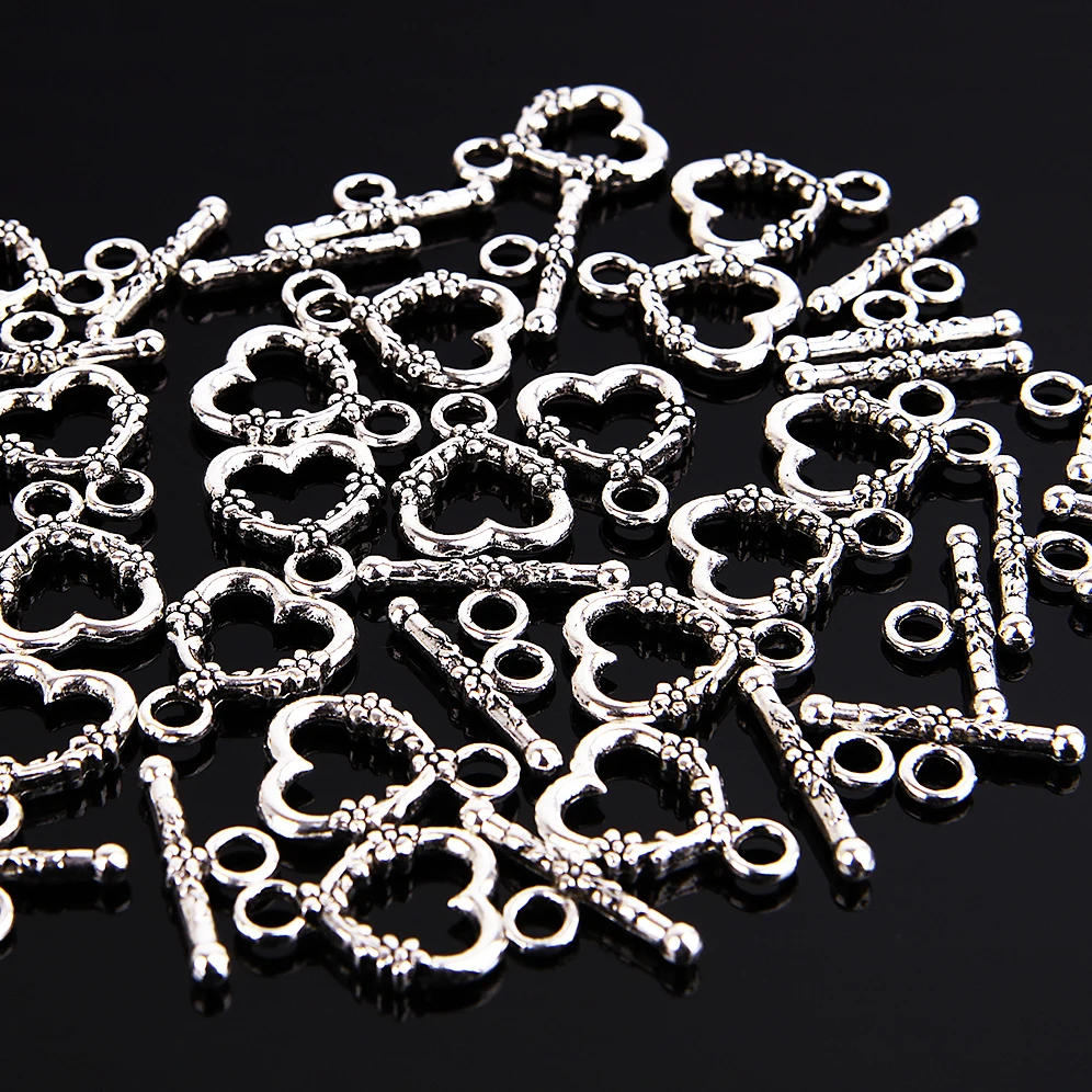 

20 Sets Tibetan Silver Charms Heart Clasps Beads for Jewelry Making Findings Diy Women Bracelet Necklace Metal Toggle Hooks