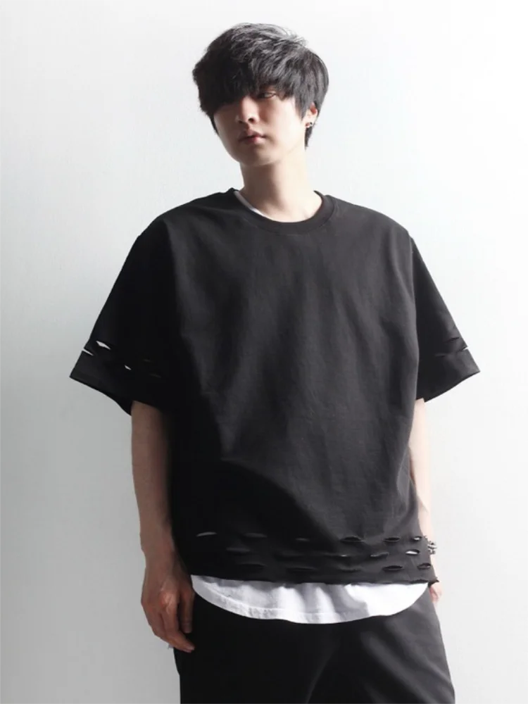 

Men's Short Sleeve T-Shirt Summer New Dark Department Personality Hole Design Harajuku High Street Leisure Large Half Sleeve