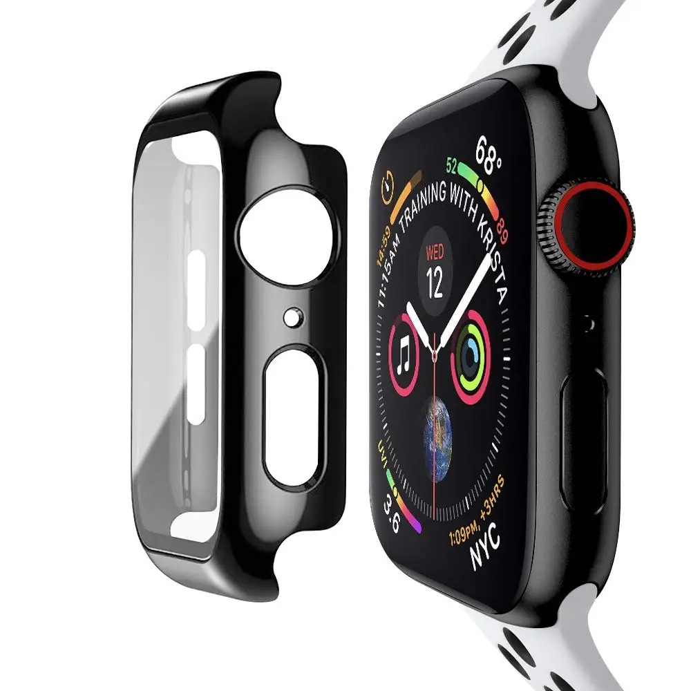 Для Apple Watch 44 мм 42 мм чехол со встроенным закаленным стеклом протектор экрана полное покрытие жесткий iWatch чехол для серии 4 - Цвет: Bright black