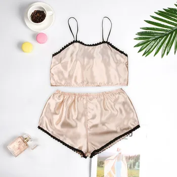 

2020 Women Pijama Set Sleepwear Sexy Satin Pajama Set Black Lace V-neck Pyjamas Sleeveless Cute Cami Top And Shorts Pyjama Femme