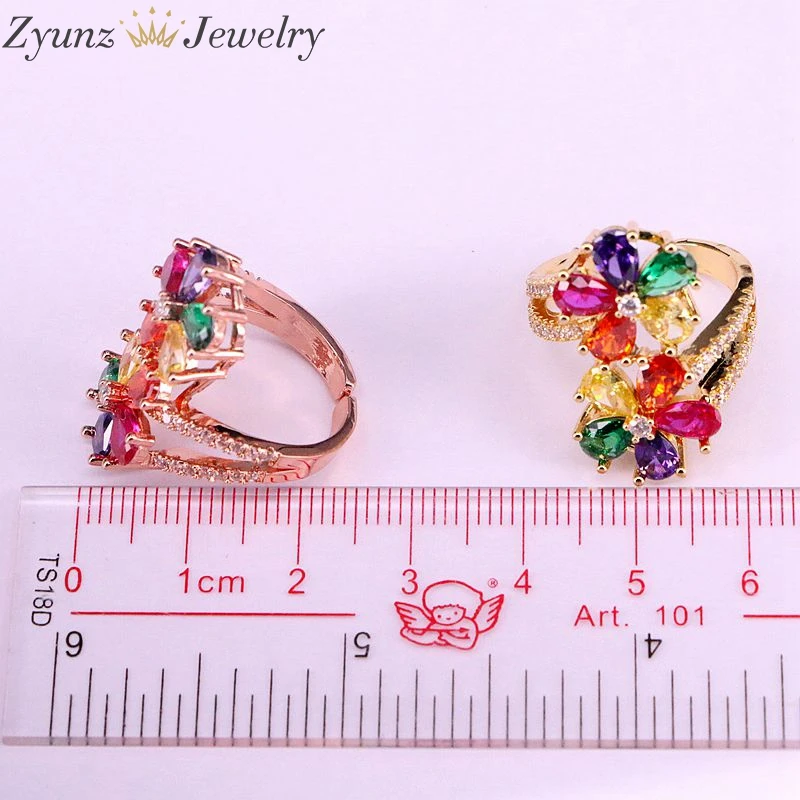 5PCS, Fashion Women Rainbow Multicolor Cubic Zirconia CZ Double Flowers Ring