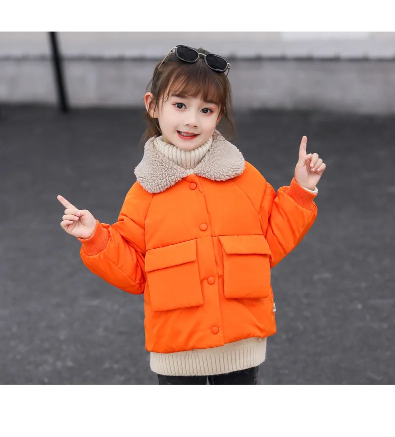Новая Корейская версия зимней детской одежды детская хлопковая утепленная однотонная пуховая куртка с отворотами для девочек - Цвет: Оранжевый
