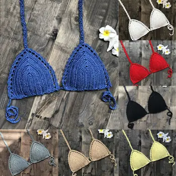 

2020 Women Bikini Top Crochet Bralette Knit Bra Boho Beach Wear Bikini Halter Cami Crop Top Summer Bathing Suit Women Swimming
