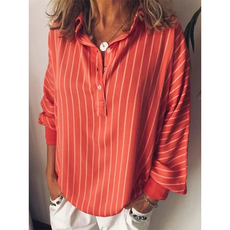 

Fashion summer Woman blouses stripe Loose Casual Striped Button Lapel girl Long Sleeve Shirt Top Blouse button female clothing