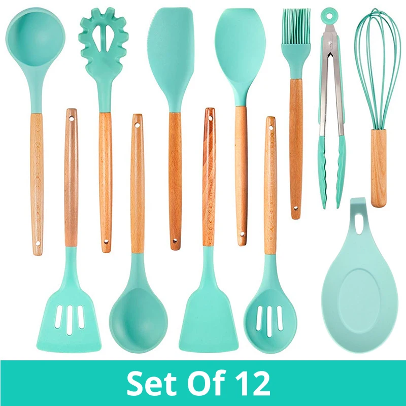 Green Set of 12 Силиконовая кухонная утварь набор-антипригарная лопатка Черпак натуральная Акация деревянная ручка кухонные инструменты - Цвет: Green Set of 12
