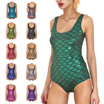 

Women Swimsuit Shiny Fish Scale Pattern Metal Color and Plus Size One Piece Swimwear for Baby Girls and Adult Female Beach Dress