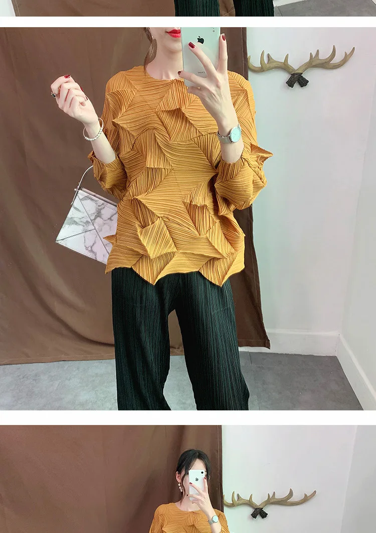 Irregular Pleated T-shirt New Fashion Japan Style Solid Three-quarter Sleeves Miyake Wrinkle Women Shirts Plus Size Tops