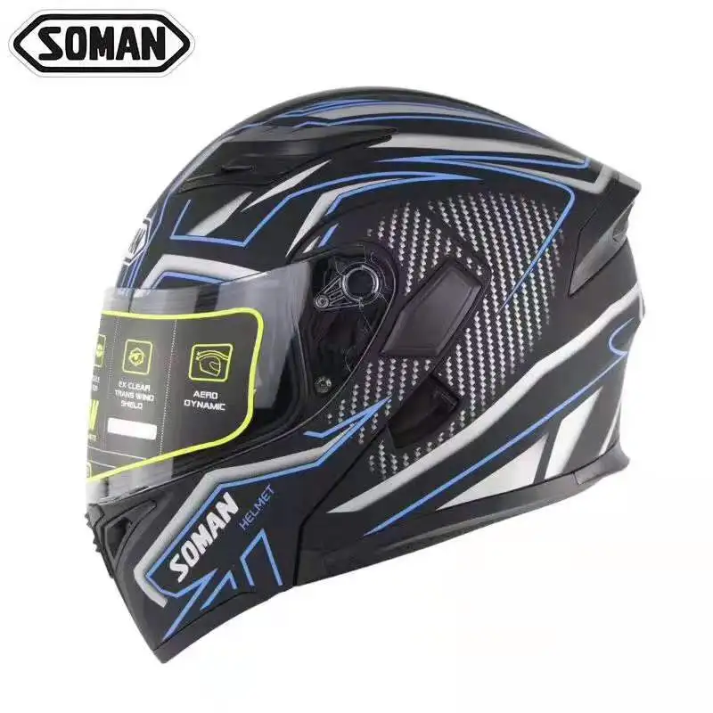 SOMAN DOT двойной козырек мотоциклетный Bluetooth Полный шлем мотоциклетный BT Флип Шлемы Беспроводная гарнитура Музыкальный телефонный звонок - Цвет: Black blue