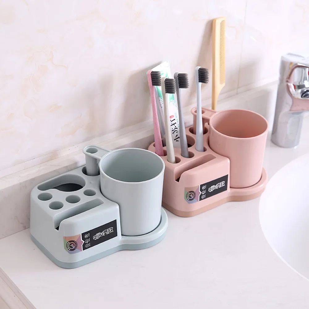 

Plastic Bathroom Toiletries Shelf Bathroom Toothbrush Holder Brushing Cup Set Home Bathroom Supplies Storage Rack #YL10