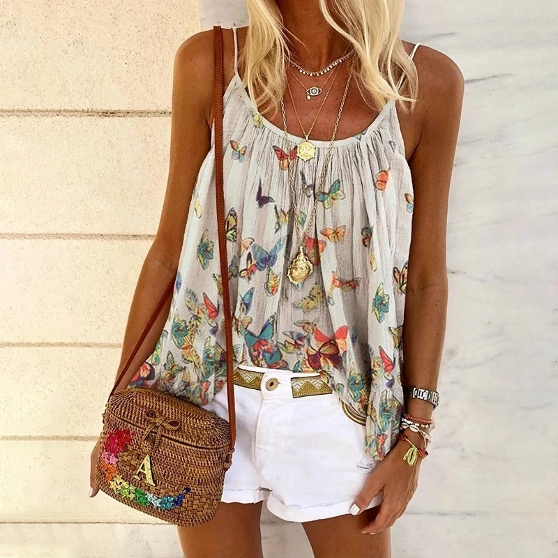 Women Plus Size Loose Vest Butterfly Print Sling Top Suitable for Summer Vacation Camis Casual Tops (S/M/L/XL/XXL) | Женская одежда