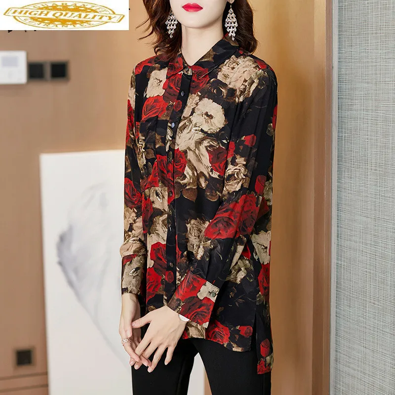 

Real Silk Shirts Womens Tops and Blouses Long Sleeve Blouse Spring Autumn Print Vintage Blusas Mujer De Moda 2020 F1010 YY2596