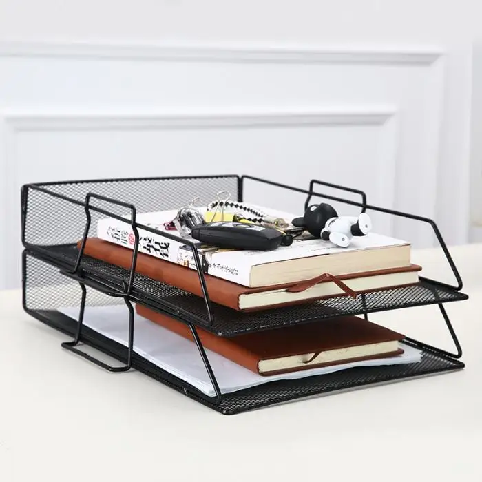 Desk Office Supplies Storage Rack Document Shelf Mesh File Basket Metal A4 Paper Organizer Box