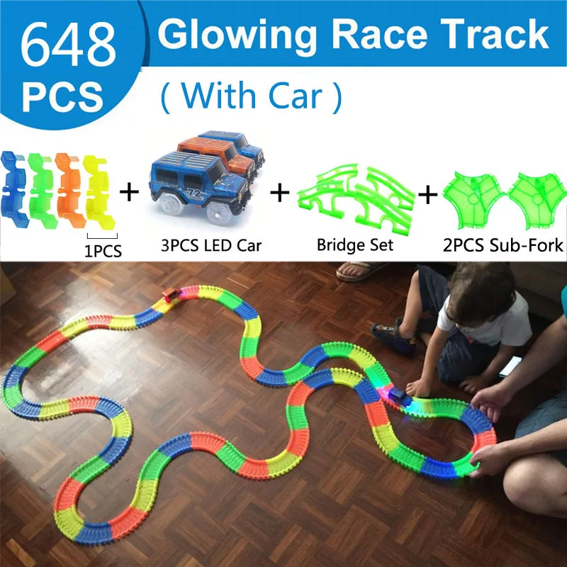 

88-648pcs DIY Assembly Electric Race Track Magic Rail Car Toys for Children Flexible Flash in the Dark Glowing Racing Track Car