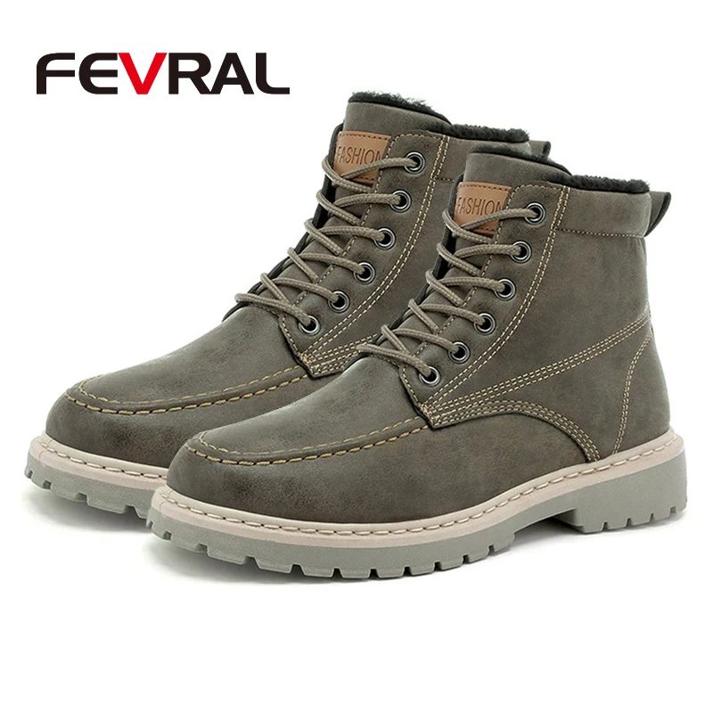 FEVRAL/Новые ботинки мужские осенне-зимние ботинки из искусственной кожи мужские рабочие Ботильоны Теплая обувь с высоким берцем на шнуровке Мужская защитная обувь