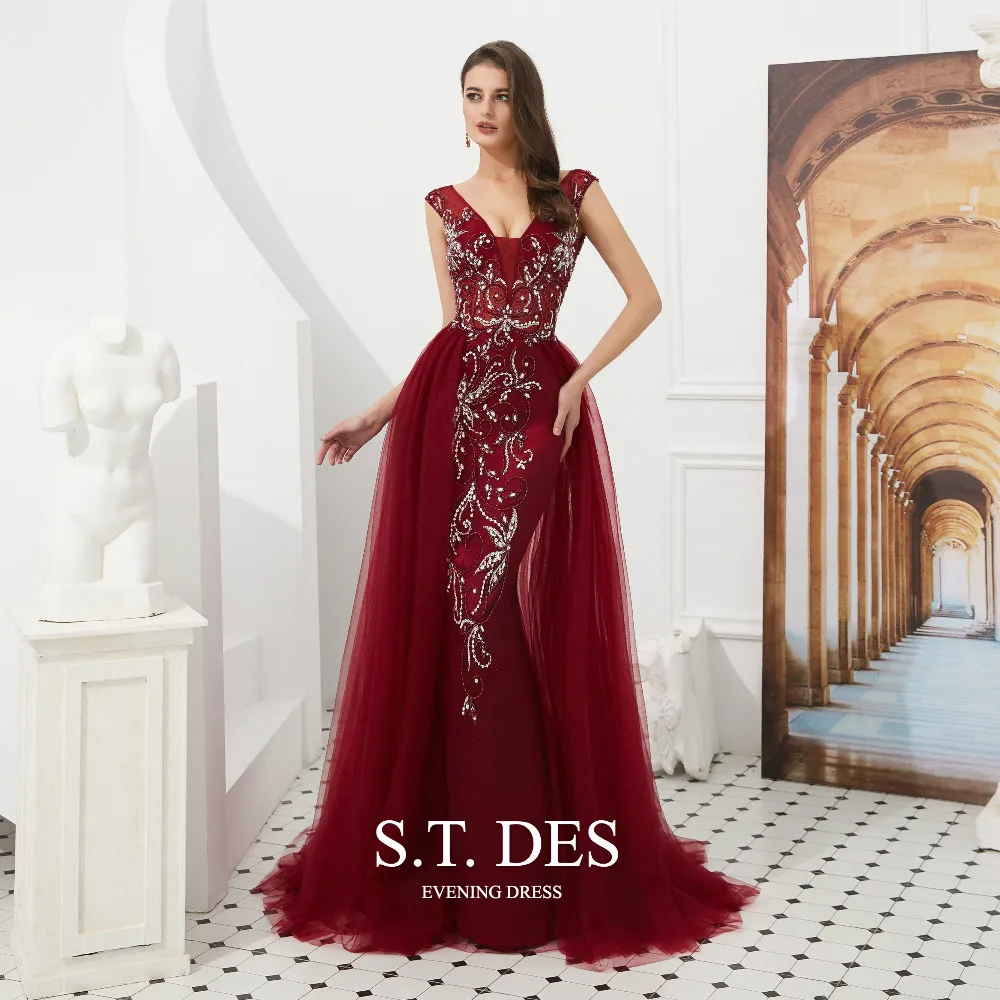 

2020 S.T.DES Sexy V-Neck Full Crystal Beaded Tulle Mermaid Dress With Detachable Train Gown Train Evening Dress