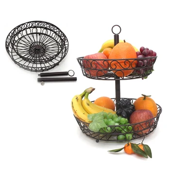 

Household 2 Tier Fruit Plate Countertop Metal Fruit Basket Black Vintage Style Tray Stand Storage Basket