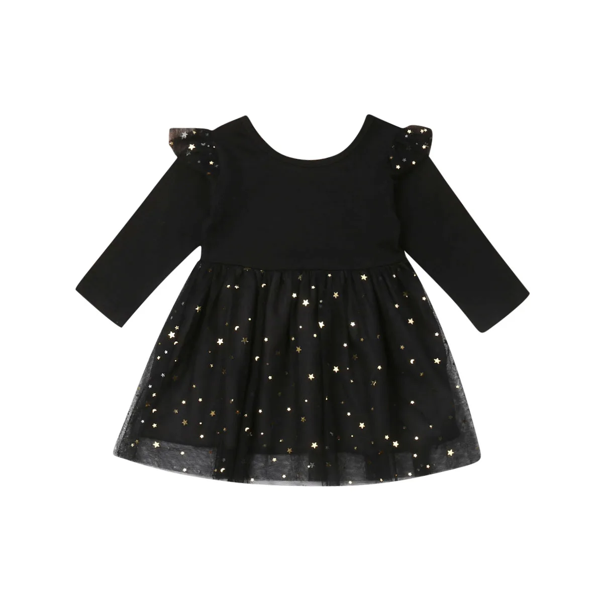 Комбинезон для маленьких девочек платье-пачка для малышей с оборками, женская футболка с длинными рукавами и блестками; платье принцессы для новорожденных; тюлевый сарафан и черного цветов, на возраст 12-18 месяцев