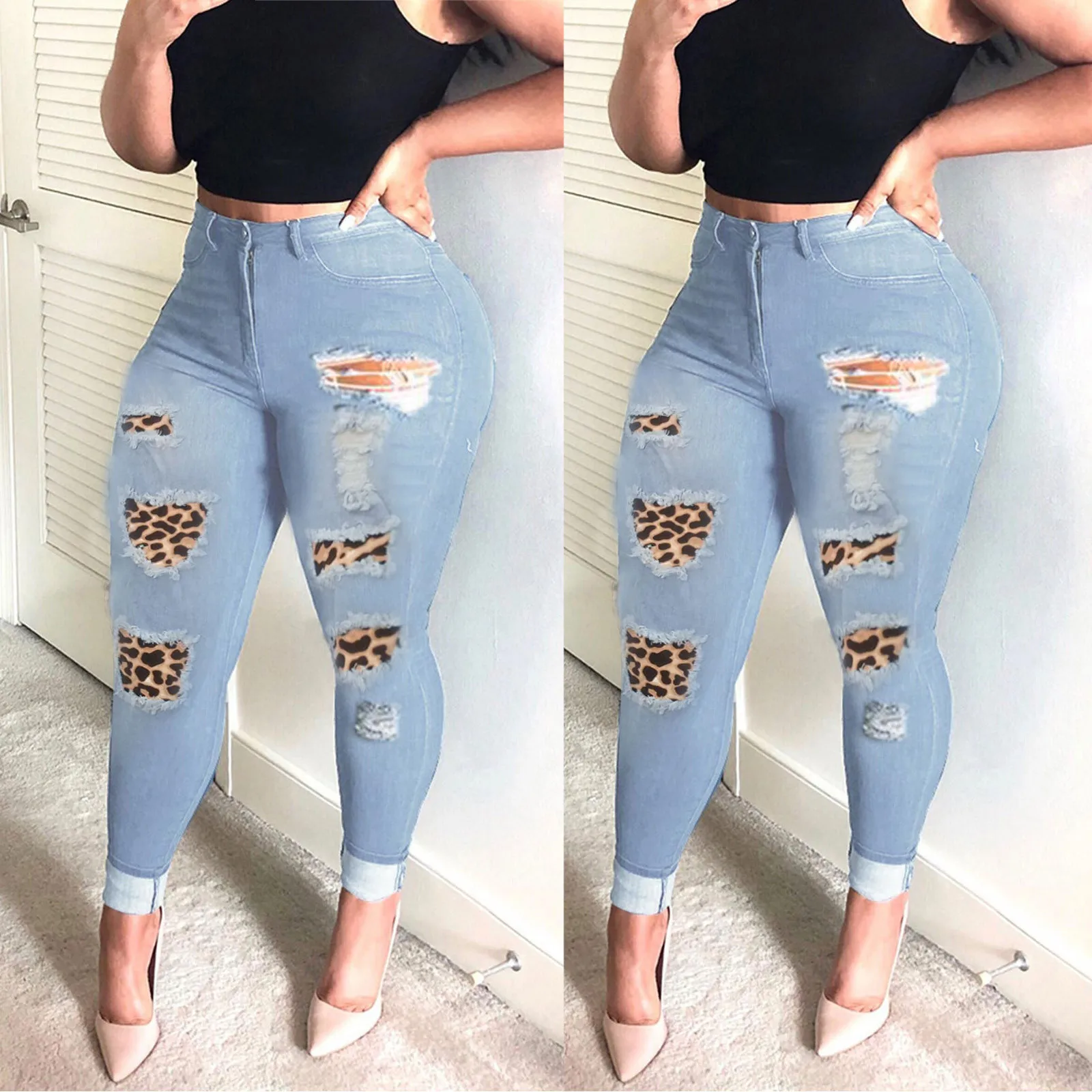 

2021 Women's Length Mid Rise Jeans Female Fashion High Waist Cotton Skinny Casual Denim Hole Jeans Bule Pants Jeans