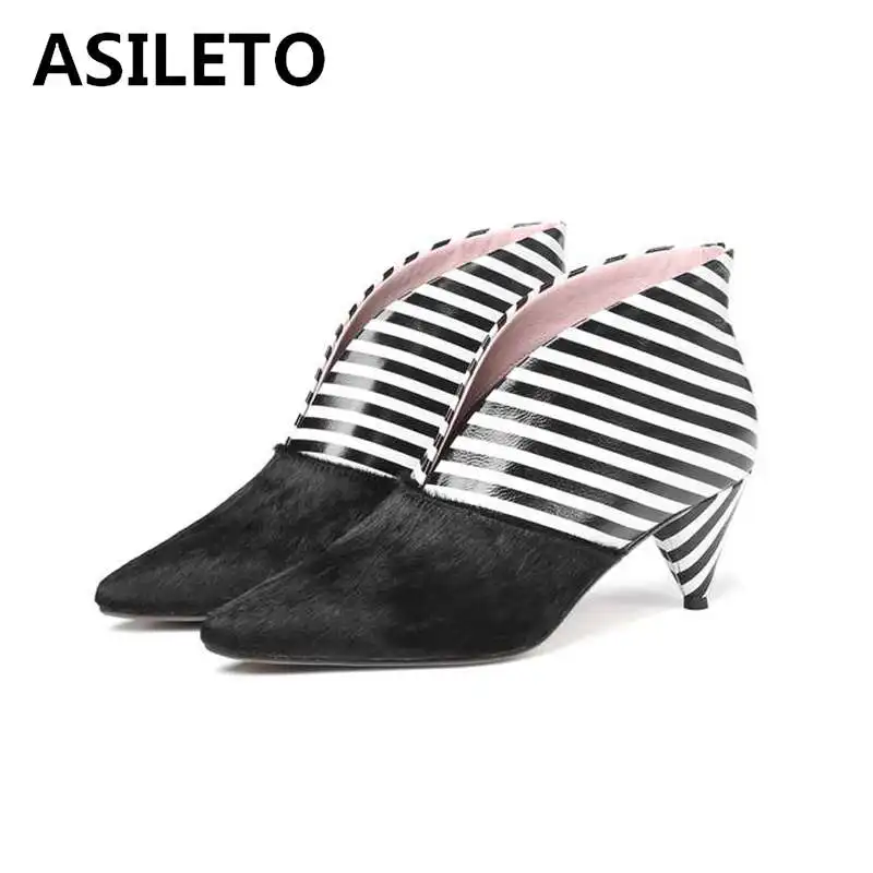 

ASILETO brand zebra boots women pointed toe strange heels booties horse hair ankle boots printing genuine cow leather bottes