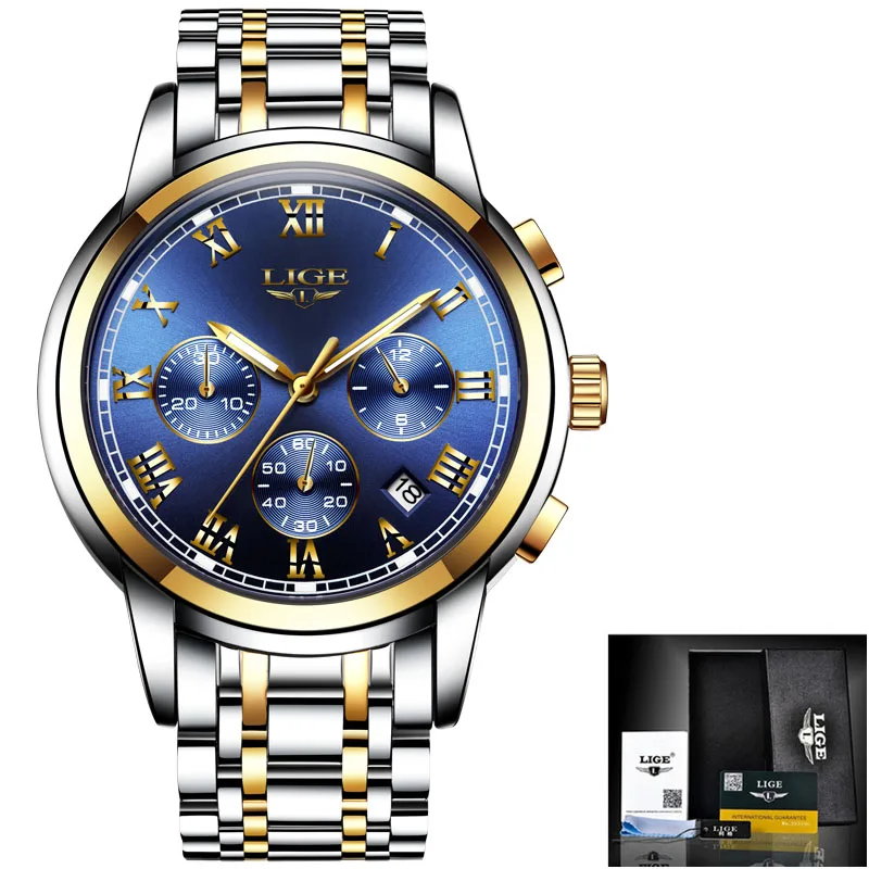 Новые часы Мужские люксовый бренд LIGE Хронограф Мужские спортивные часы водонепроницаемые полностью Стальные кварцевые мужские часы Relogio Masculino - Цвет: Gold blue S