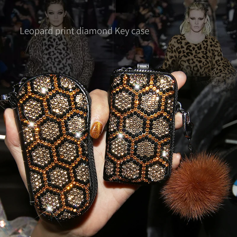 

Car Key Bag leopard print Diamond Zipper Keychain Universal Lady Driver's Auto Key Cover Accessories