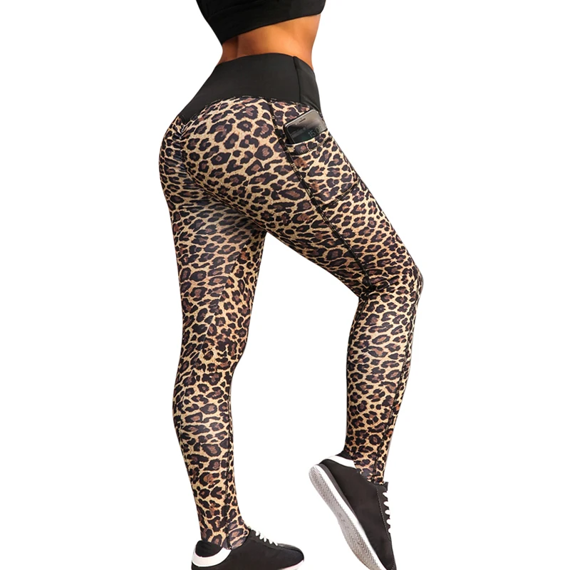

CALOFE Women Sexy Leopard Print Sports Fitness Elastic Pant High Waist Out Pocket Tummy Control Workout Legging Slim Trousers