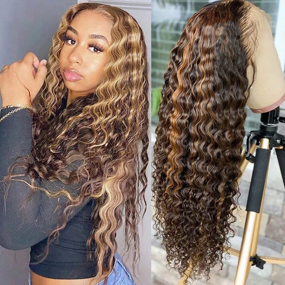 Highlight Wig Human Hair Deep Wave Lace Front Wigs For Women 4x4