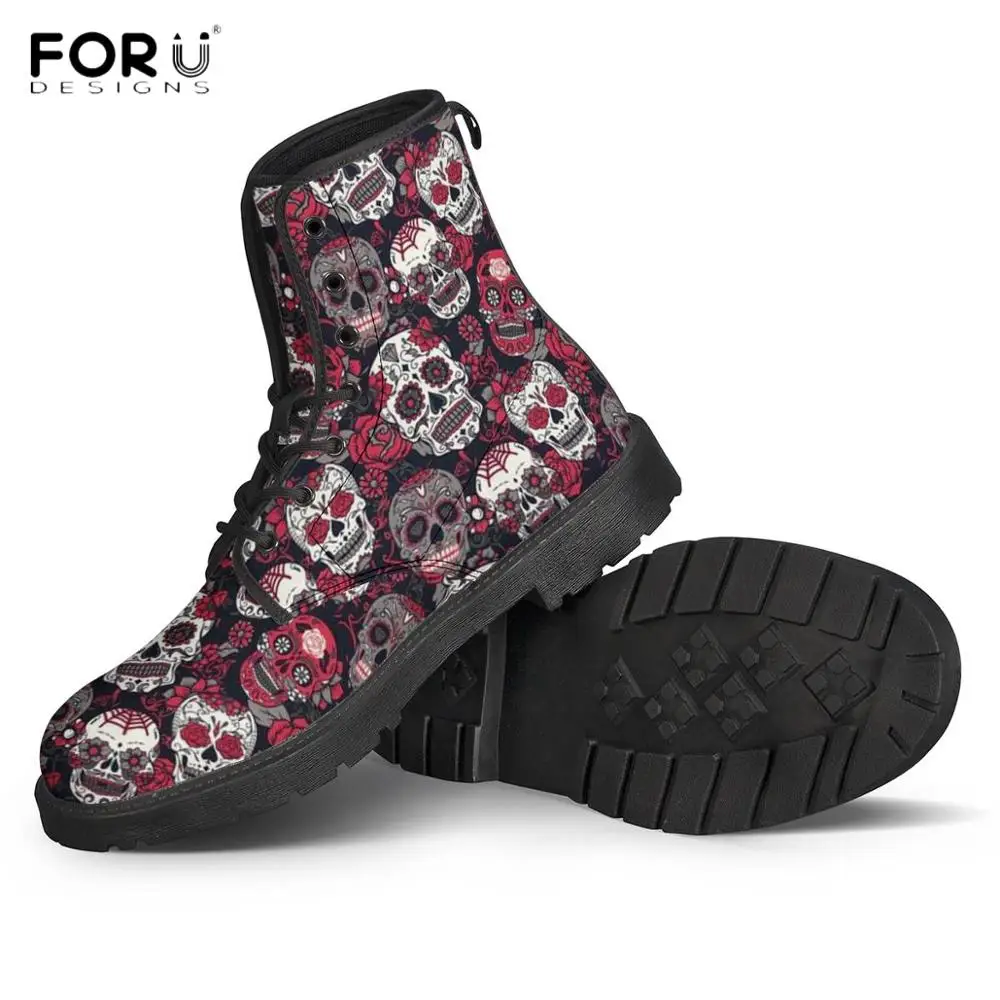 

FORUDESIGNS 3D Punk Sugar Skull Pattern Winter Pu Leather Boots Woman Fashion Motorcycle Style Ankle Boots Round Toe Lady Shoes