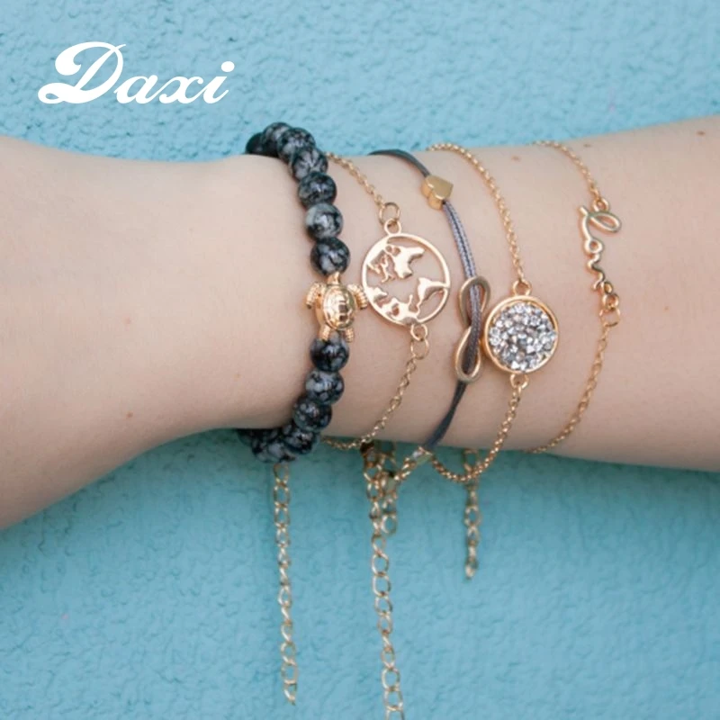 DAXI Vintage Friendship Charm Bracelets For Women Gold Stretch Bohemian Bangles Gift Accessories Bracelet Set | Украшения и