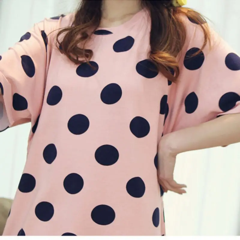 Summer Ladies Milk Silk Letter Dot Striped Print Loose Long Nightdress Home O Collar Short-sleeved Nightdress Rk