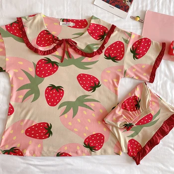

Summer Korean Pajamas for Women Printed Doll Collar Neck Short Sleeve Top + Pant Pajama Sets Sports Casual Pyjamas Women
