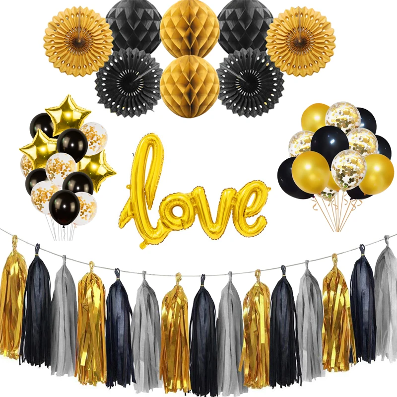 Pom Poms 40 Number Balloons Foil Curtains Gold & Black 95th Birthday Decorations for Women Banner Balloons 95th Party Supplies