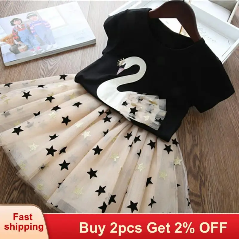 

Girls clothes Summer New Girls Princess Dress Swan Cartoon Party Dress T-shirt and Dress 2 Pcs Outfits Kids dress for girls